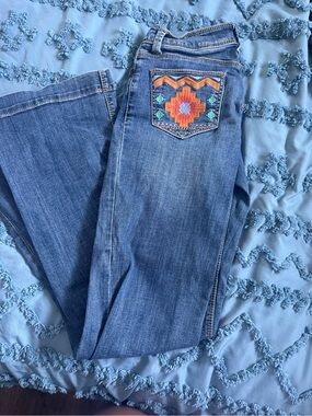 Tin Haul Blue Denim Flare Jeans with Orange & Teal Embroidered Pocket